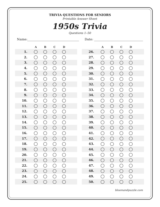 Actual printable answer sheet for 1950s trivia