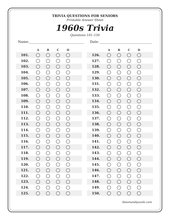 Actual printable answer sheet for 1960s trivia